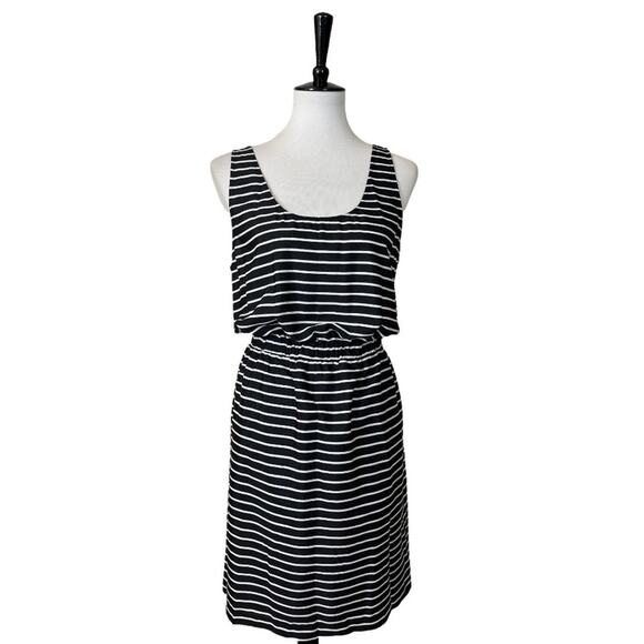 LOFT New Women's Dress Scoop Neck Elastic Waist Black & White Stripe Size L - Picture 1 of 10
